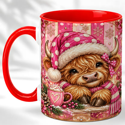 #pl[11oz|Red] Pink Christmas Highland Cow Coffee Mug, Cocoa Cow Mug, Ceramic Cup