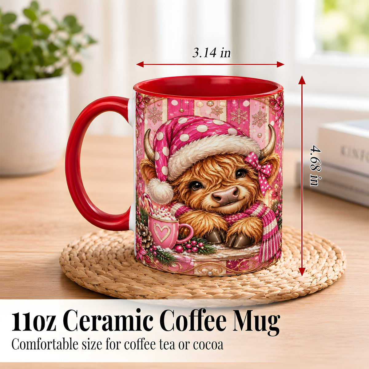 #pl[11oz|Red] Pink Christmas Highland Cow Coffee Mug, Cocoa Cow Mug, Ceramic Cup
