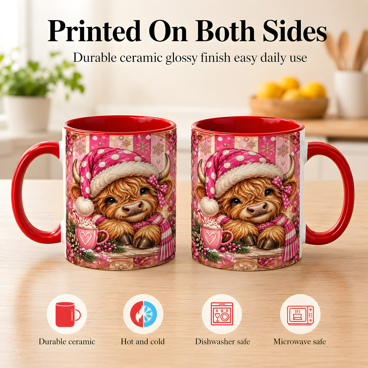 #pl[11oz|Red] Pink Christmas Highland Cow Coffee Mug, Cocoa Cow Mug, Ceramic Cup