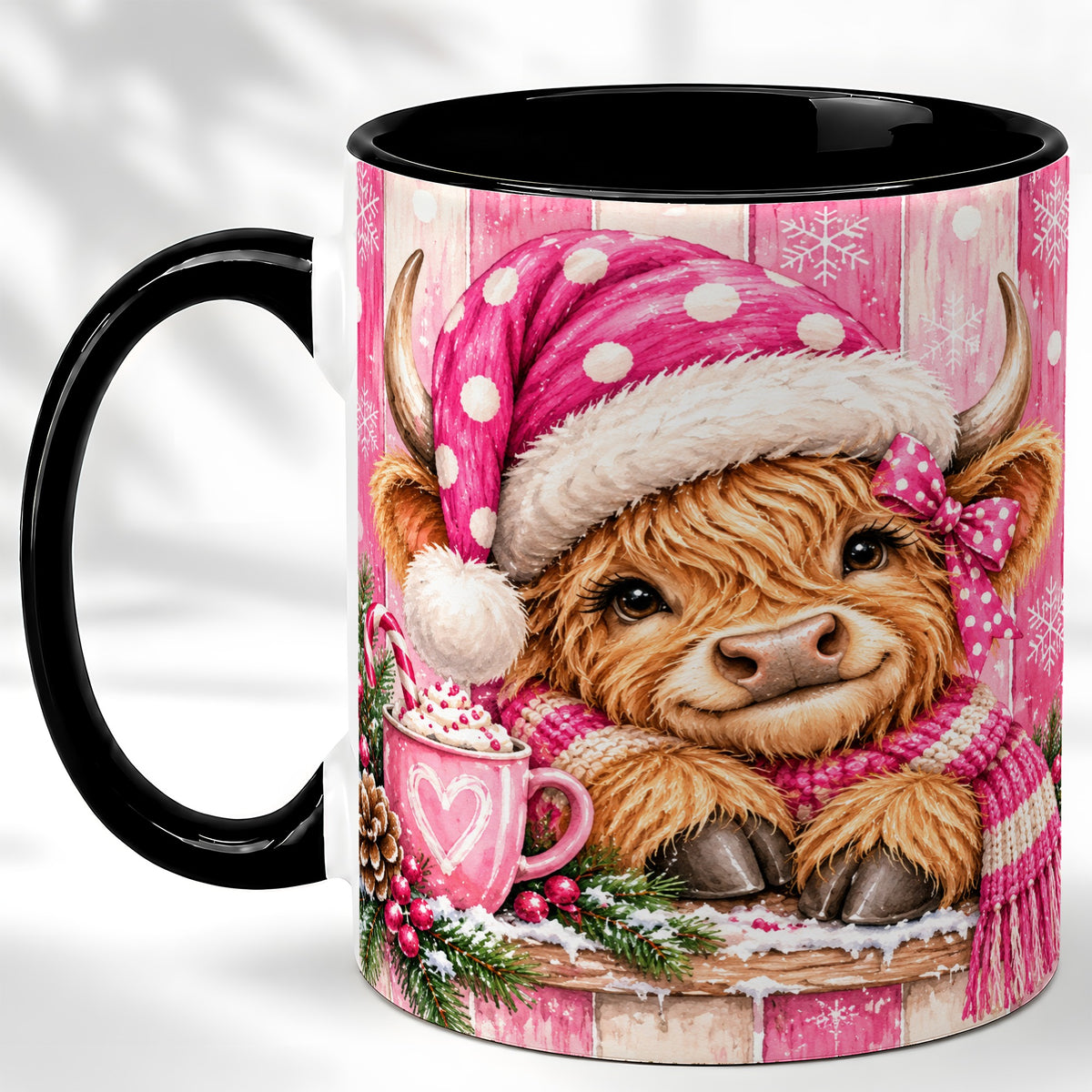#pl[11oz|Black] Watercolor Christmas Highland Cow Coffee Mug, Pink Cow Mug, Ceramic Cup