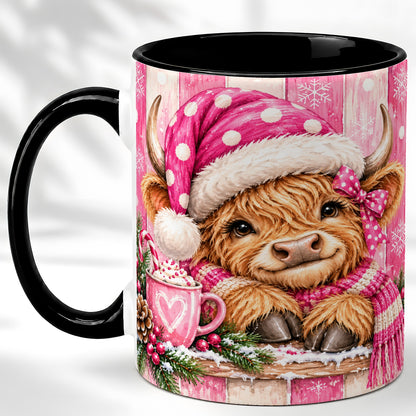 #pl[11oz|Black] Watercolor Christmas Highland Cow Coffee Mug, Pink Cow Mug, Ceramic Cup