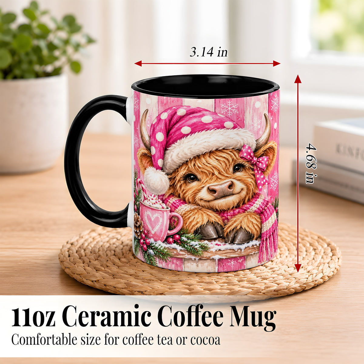 #pl[11oz|Black] Watercolor Christmas Highland Cow Coffee Mug, Pink Cow Mug, Ceramic Cup