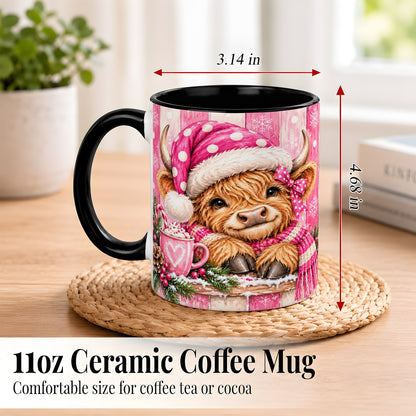 #pl[11oz|Black] Watercolor Christmas Highland Cow Coffee Mug, Pink Cow Mug, Ceramic Cup