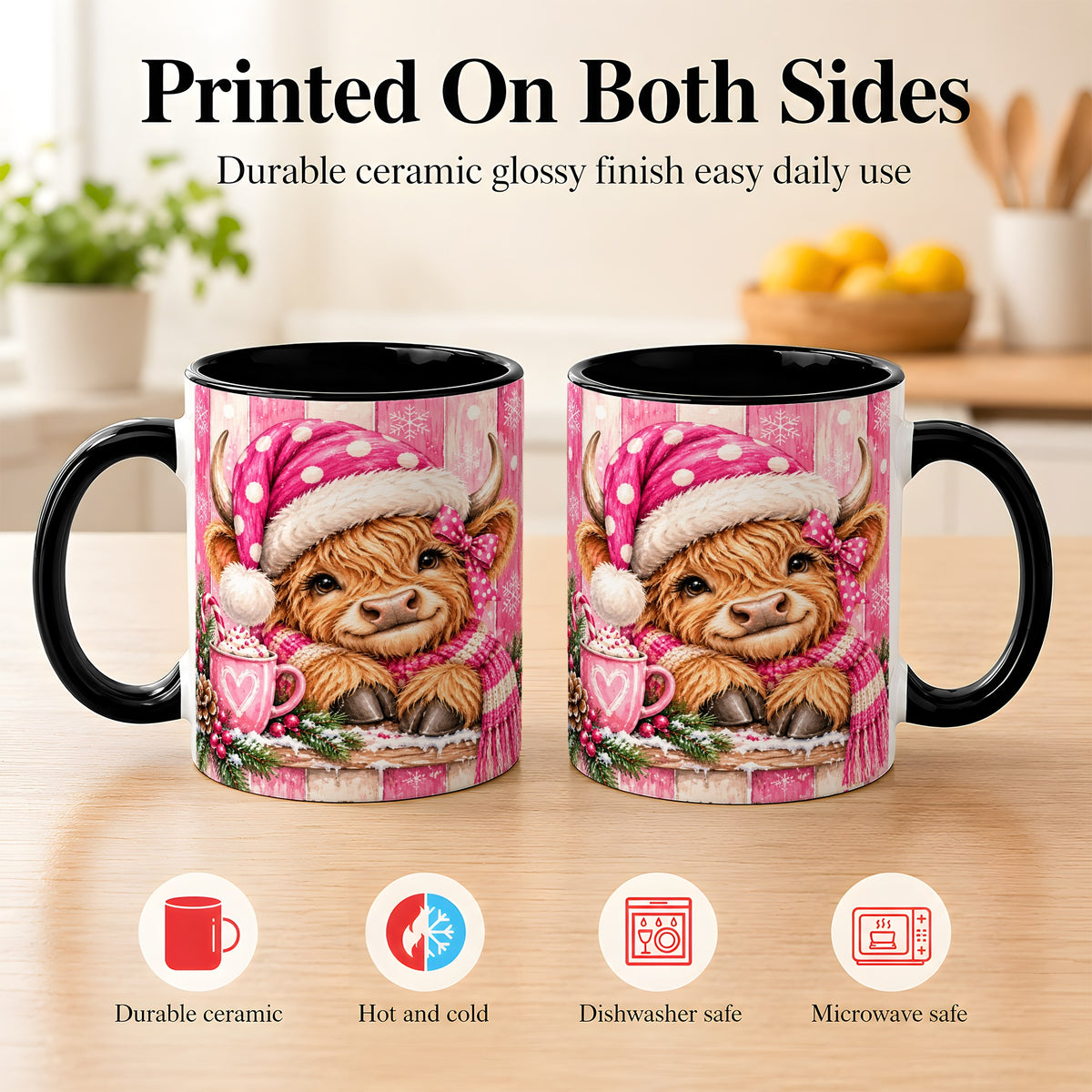 #pl[11oz|Black] Watercolor Christmas Highland Cow Coffee Mug, Pink Cow Mug, Ceramic Cup