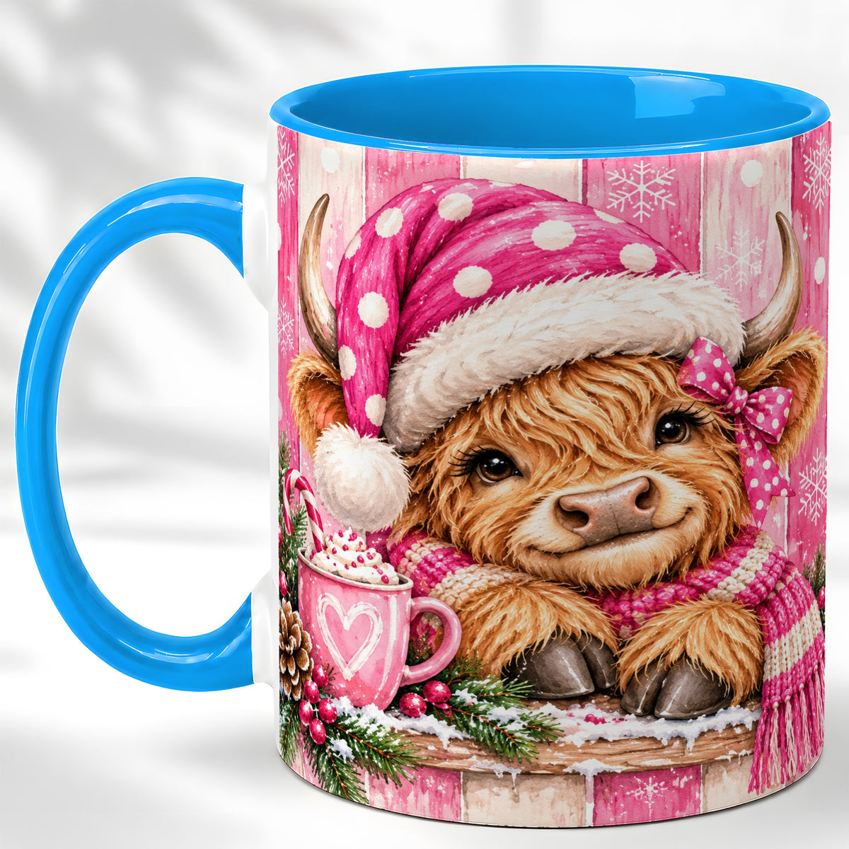 #pl[11oz|Blue] Watercolor Christmas Highland Cow Coffee Mug, Pink Cow Mug, Ceramic Cup