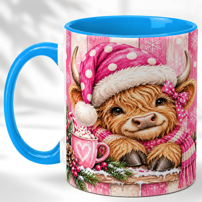 #pl[11oz|Blue] Watercolor Christmas Highland Cow Coffee Mug, Pink Cow Mug, Ceramic Cup