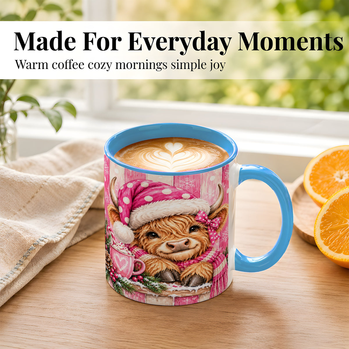 #pl[11oz|Blue] Watercolor Christmas Highland Cow Coffee Mug, Pink Cow Mug, Ceramic Cup