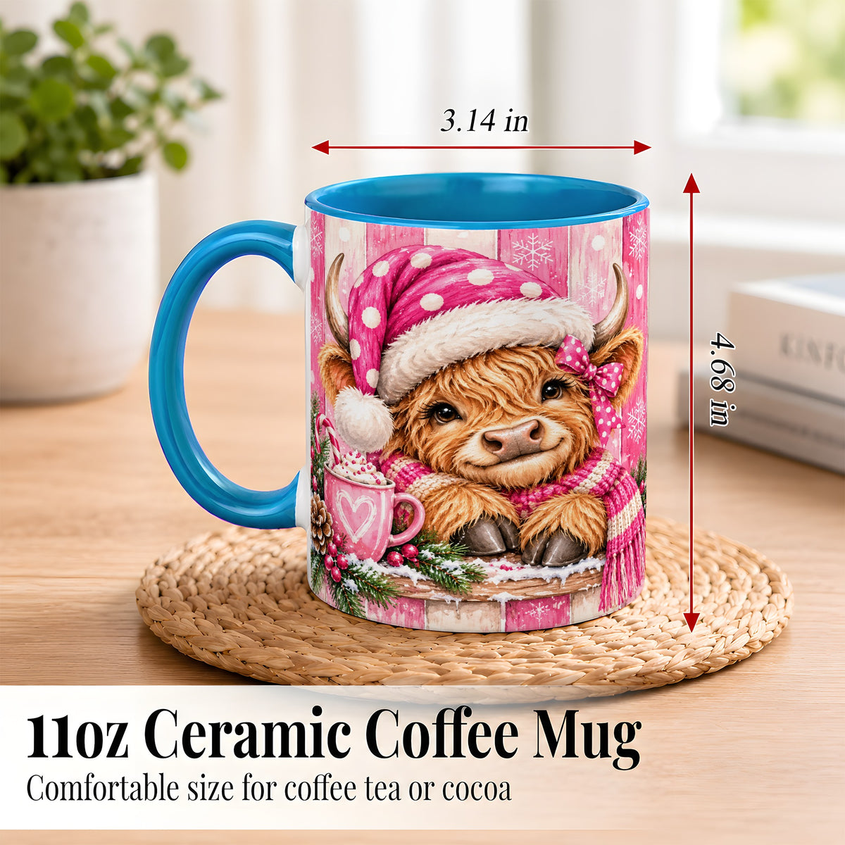 #pl[11oz|Blue] Watercolor Christmas Highland Cow Coffee Mug, Pink Cow Mug, Ceramic Cup