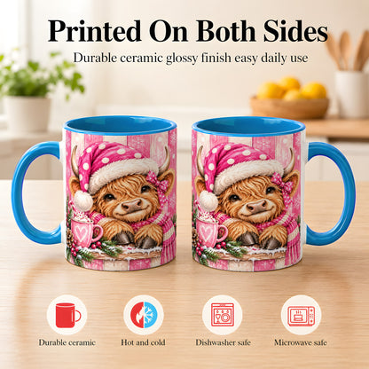 #pl[11oz|Blue] Watercolor Christmas Highland Cow Coffee Mug, Pink Cow Mug, Ceramic Cup