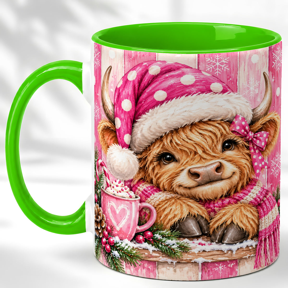 #pl[11oz|Green] Watercolor Christmas Highland Cow Coffee Mug, Pink Cow Mug, Ceramic Cup