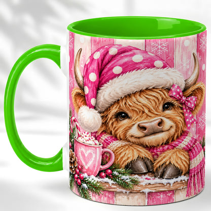 #pl[11oz|Green] Watercolor Christmas Highland Cow Coffee Mug, Pink Cow Mug, Ceramic Cup