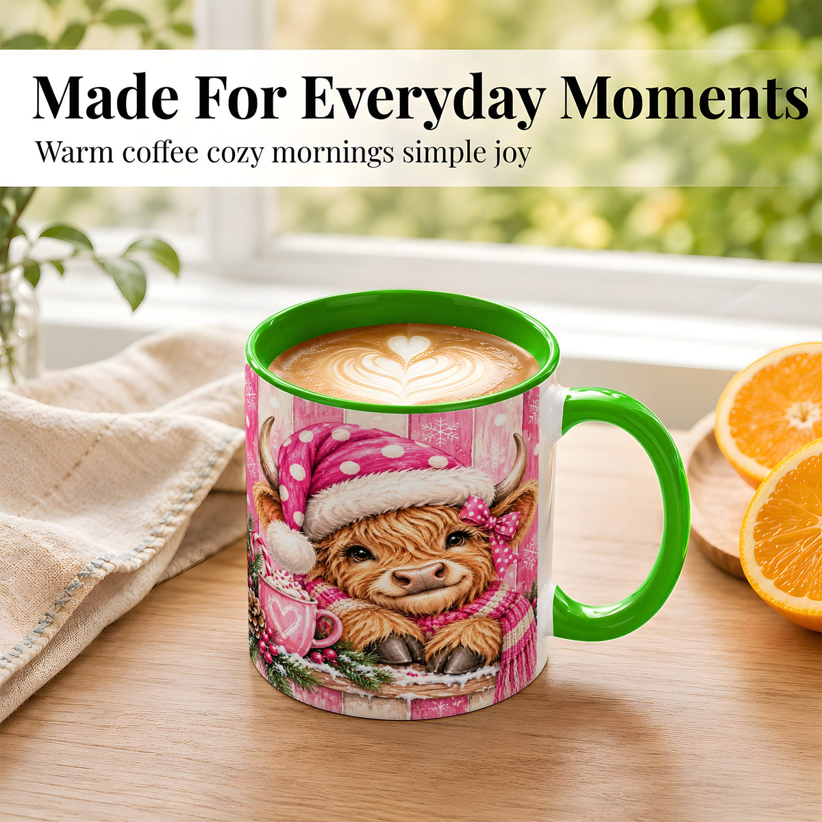 #pl[11oz|Green] Watercolor Christmas Highland Cow Coffee Mug, Pink Cow Mug, Ceramic Cup