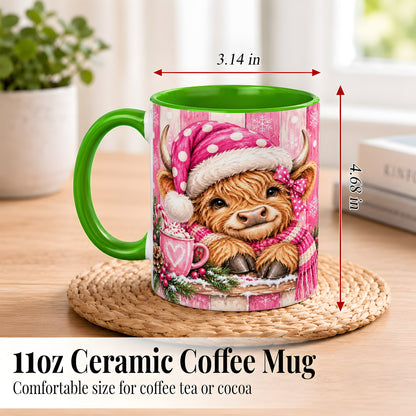 #pl[11oz|Green] Watercolor Christmas Highland Cow Coffee Mug, Pink Cow Mug, Ceramic Cup