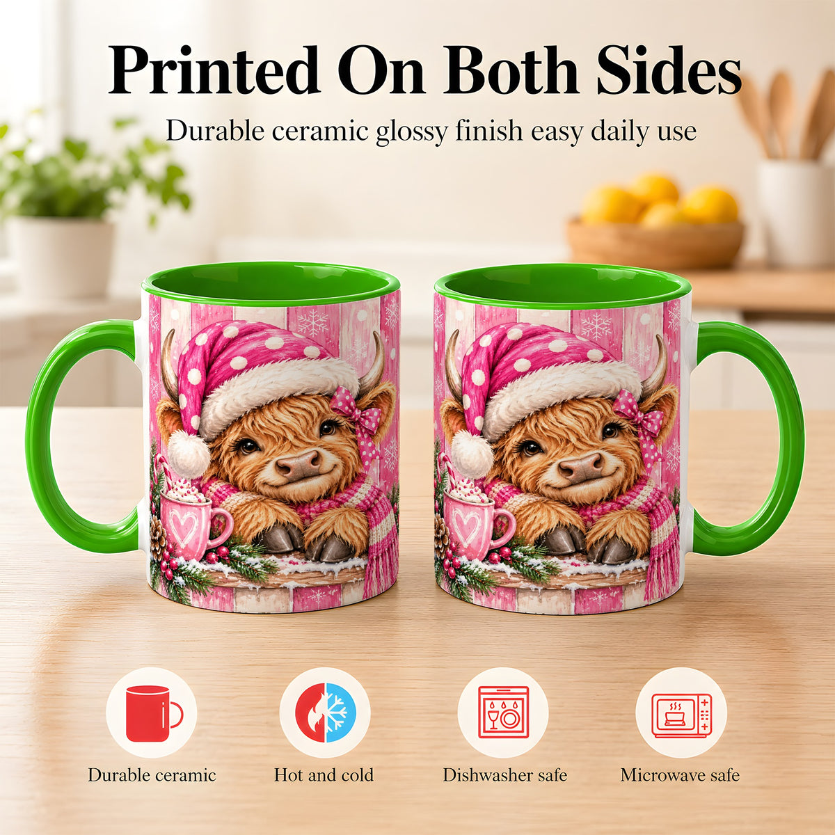 #pl[11oz|Green] Watercolor Christmas Highland Cow Coffee Mug, Pink Cow Mug, Ceramic Cup