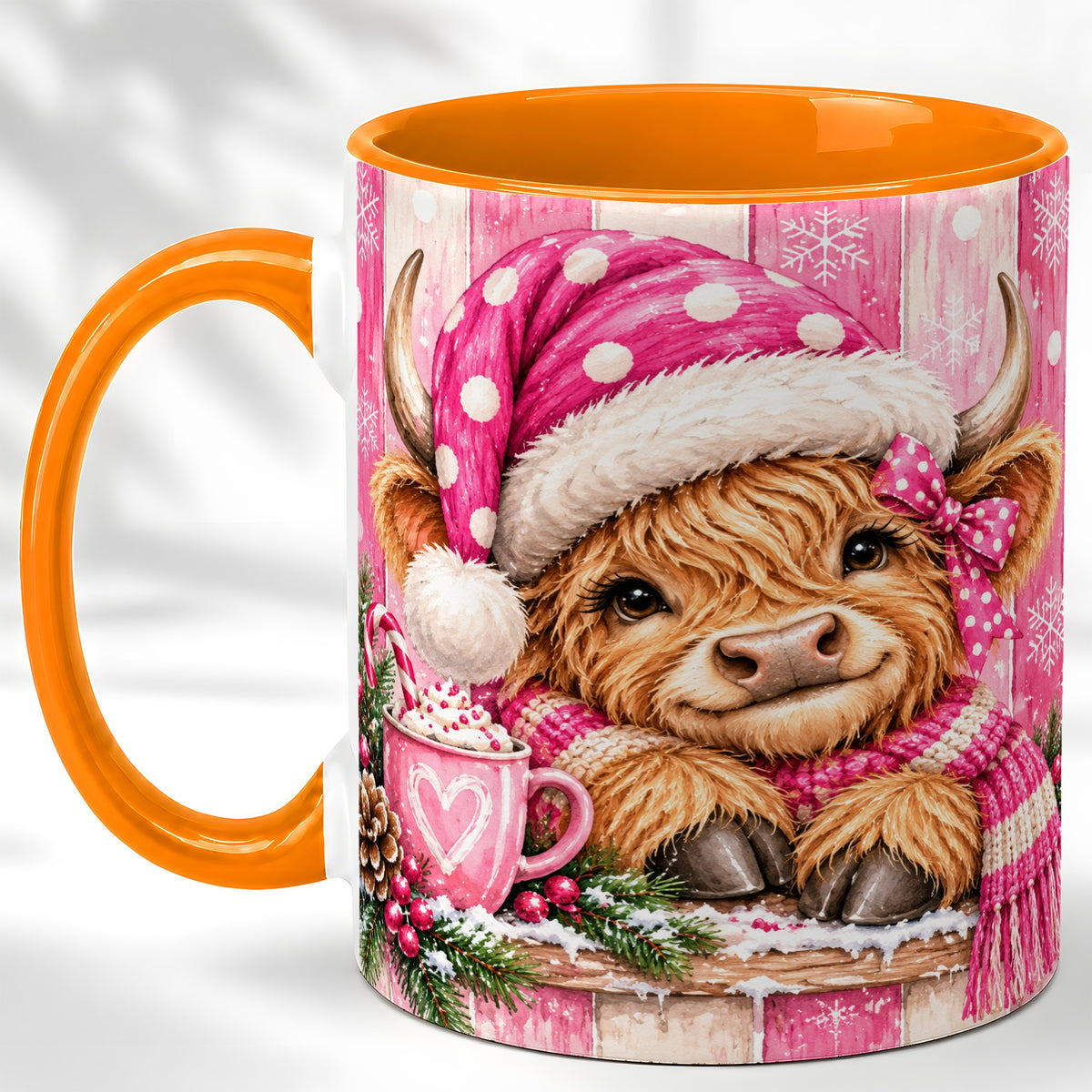 #pl[11oz|Orange] Watercolor Christmas Highland Cow Coffee Mug, Pink Cow Mug, Ceramic Cup