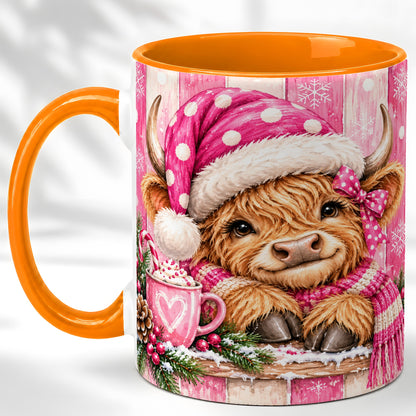 #pl[11oz|Orange] Watercolor Christmas Highland Cow Coffee Mug, Pink Cow Mug, Ceramic Cup
