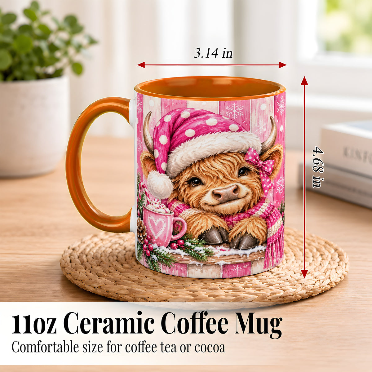 #pl[11oz|Orange] Watercolor Christmas Highland Cow Coffee Mug, Pink Cow Mug, Ceramic Cup