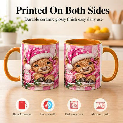 #pl[11oz|Orange] Watercolor Christmas Highland Cow Coffee Mug, Pink Cow Mug, Ceramic Cup