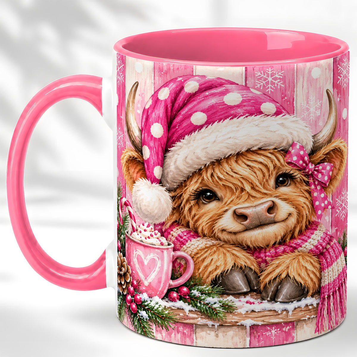#pl[11oz|Pink] Watercolor Christmas Highland Cow Coffee Mug, Pink Cow Mug, Ceramic Cup