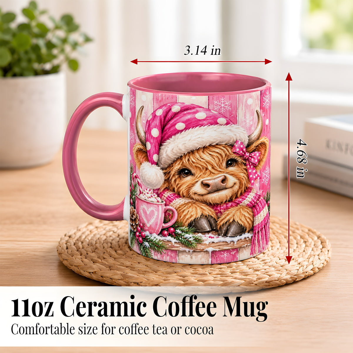 #pl[11oz|Pink] Watercolor Christmas Highland Cow Coffee Mug, Pink Cow Mug, Ceramic Cup