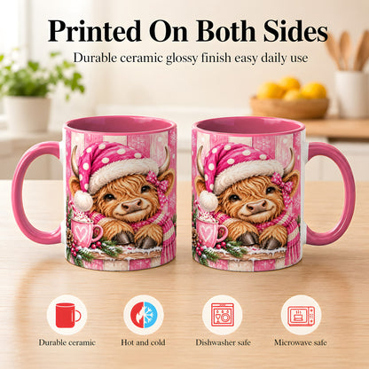 #pl[11oz|Pink] Watercolor Christmas Highland Cow Coffee Mug, Pink Cow Mug, Ceramic Cup