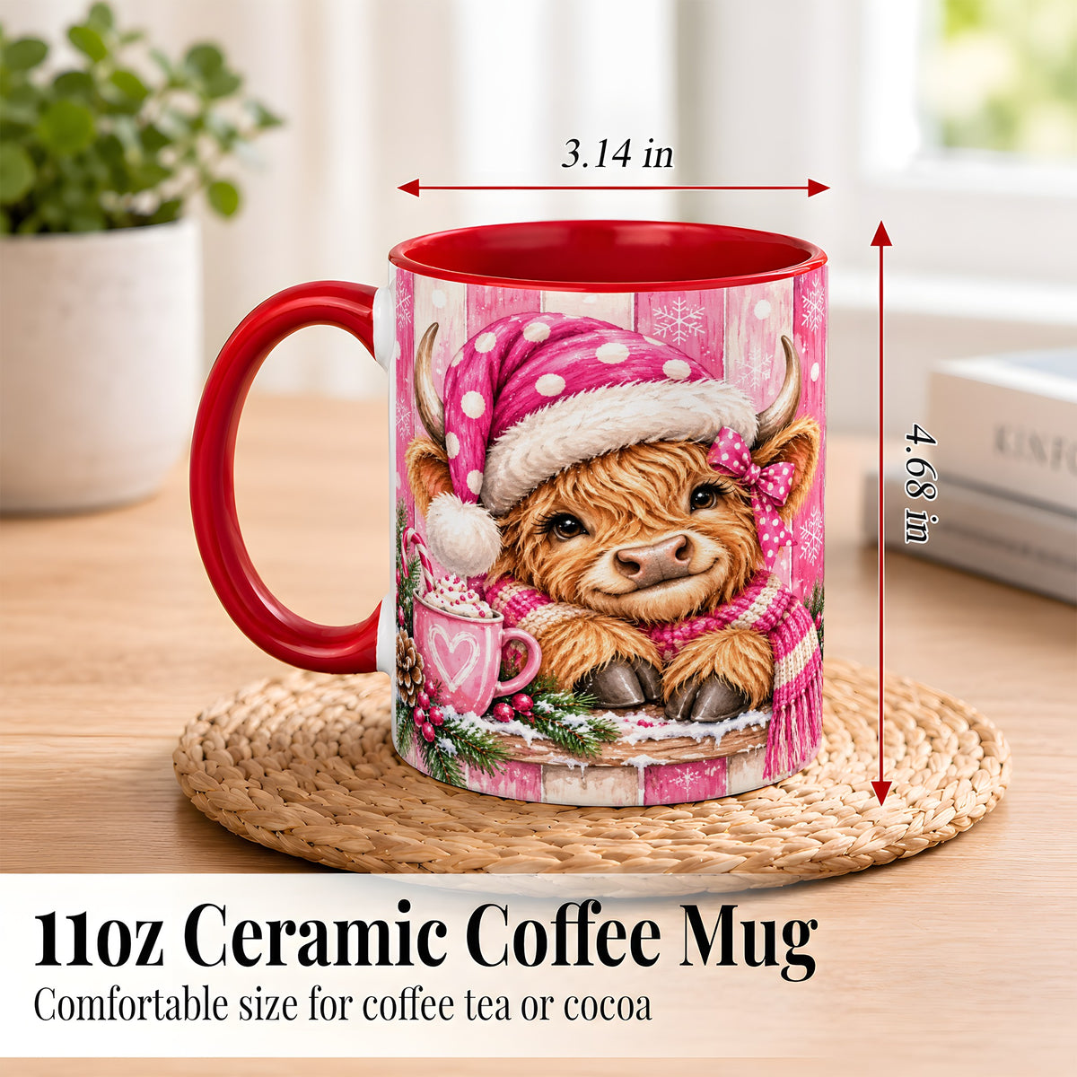 #pl[11oz|Red] Watercolor Christmas Highland Cow Coffee Mug, Pink Cow Mug, Ceramic Cup