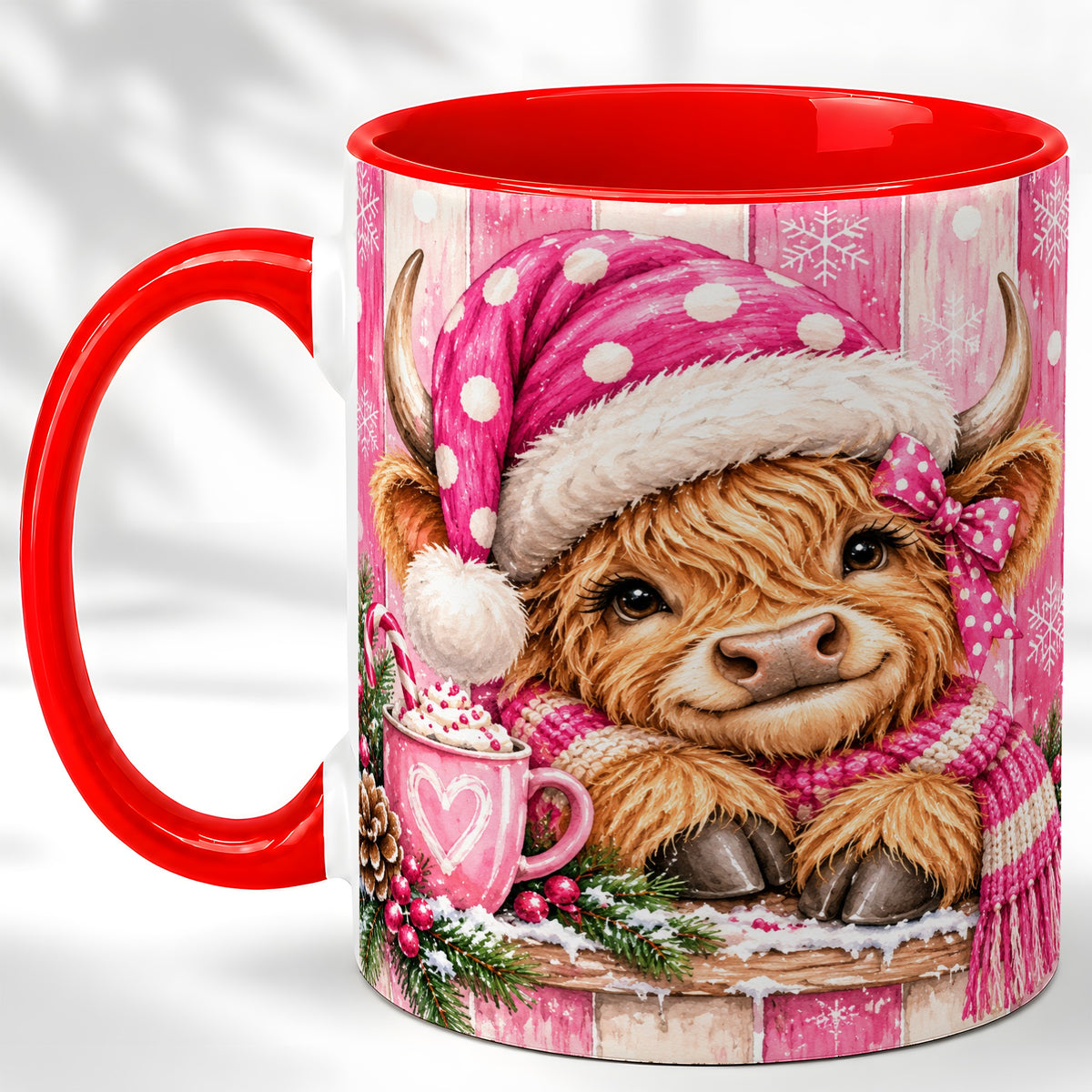 #pl[11oz|Red] Watercolor Christmas Highland Cow Coffee Mug, Pink Cow Mug, Ceramic Cup