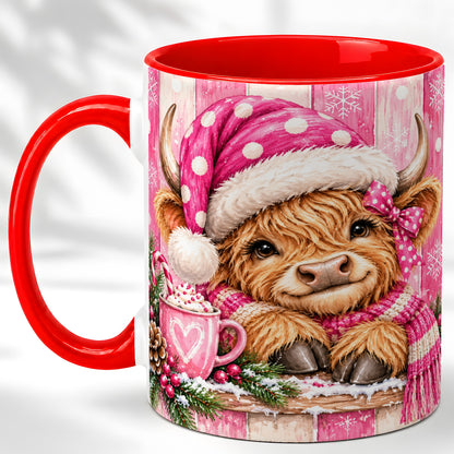 #pl[11oz|Red] Watercolor Christmas Highland Cow Coffee Mug, Pink Cow Mug, Ceramic Cup