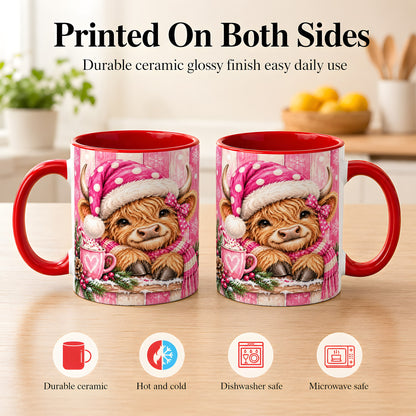 #pl[11oz|Red] Watercolor Christmas Highland Cow Coffee Mug, Pink Cow Mug, Ceramic Cup