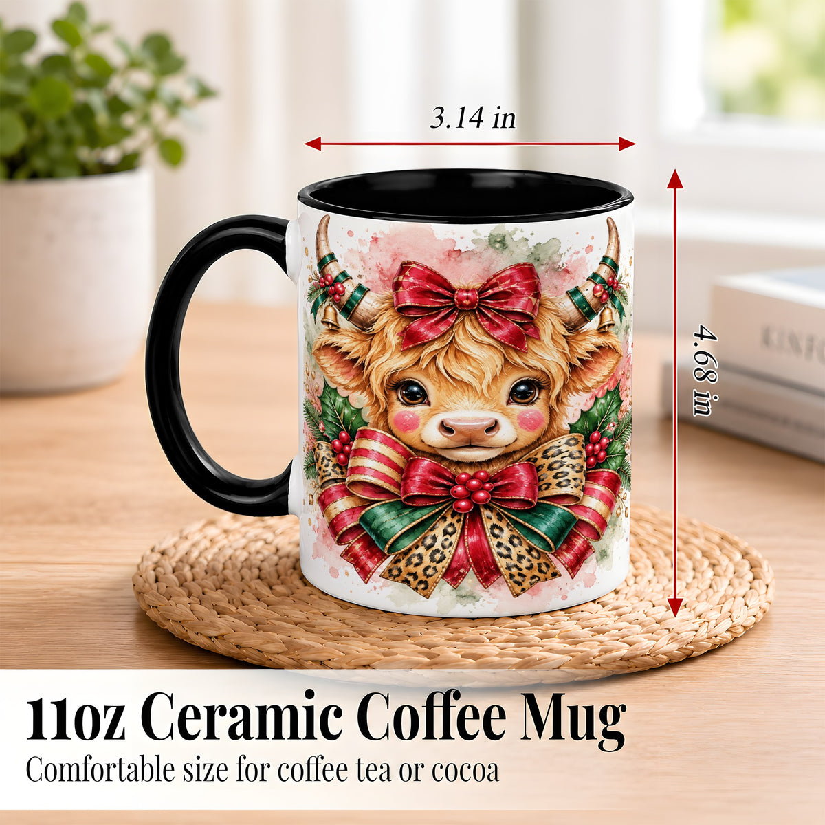 #pl[11oz|Black] Christmas Highland Cow Coffee Mug, Festive Cow Mug, Ceramic Cup