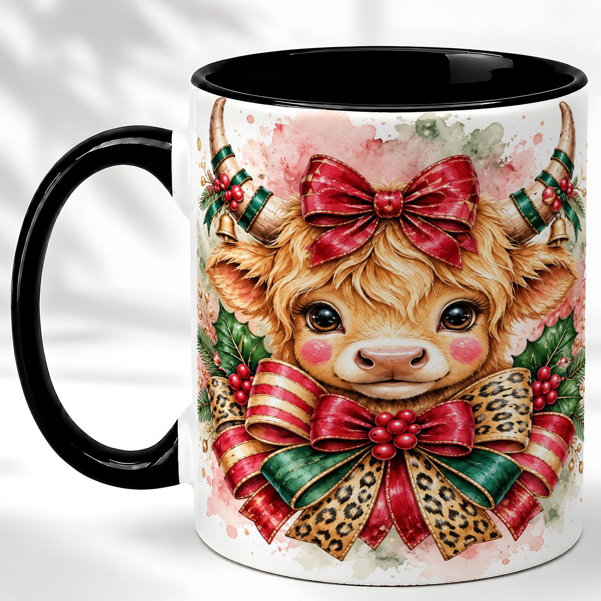 #pl[11oz|Black] Christmas Highland Cow Coffee Mug, Festive Cow Mug, Ceramic Cup