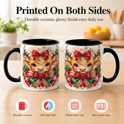 #pl[11oz|Black] Christmas Highland Cow Coffee Mug, Festive Cow Mug, Ceramic Cup