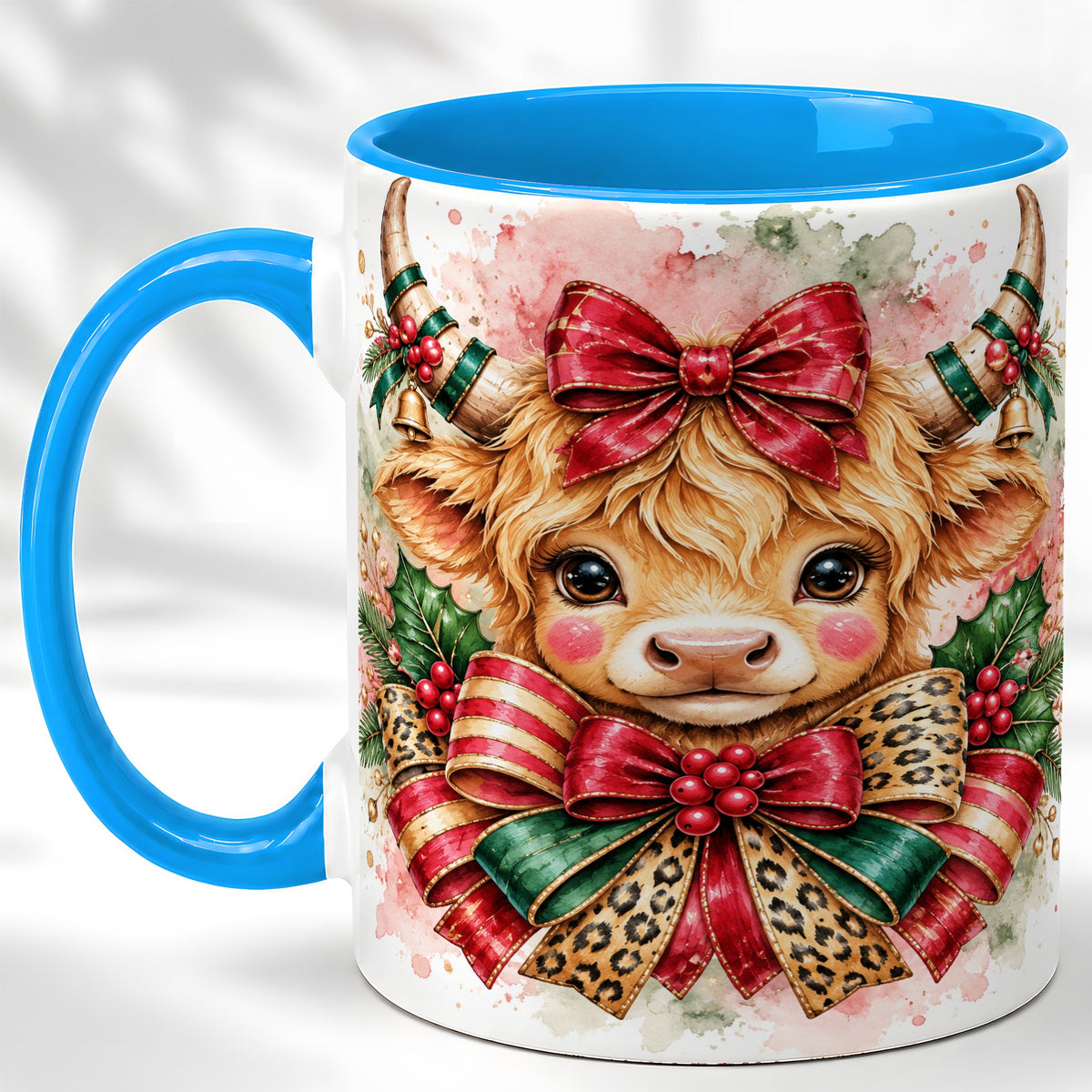 #pl[11oz|Blue] Christmas Highland Cow Coffee Mug, Festive Cow Mug, Ceramic Cup