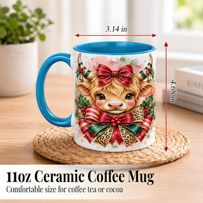 #pl[11oz|Blue] Christmas Highland Cow Coffee Mug, Festive Cow Mug, Ceramic Cup