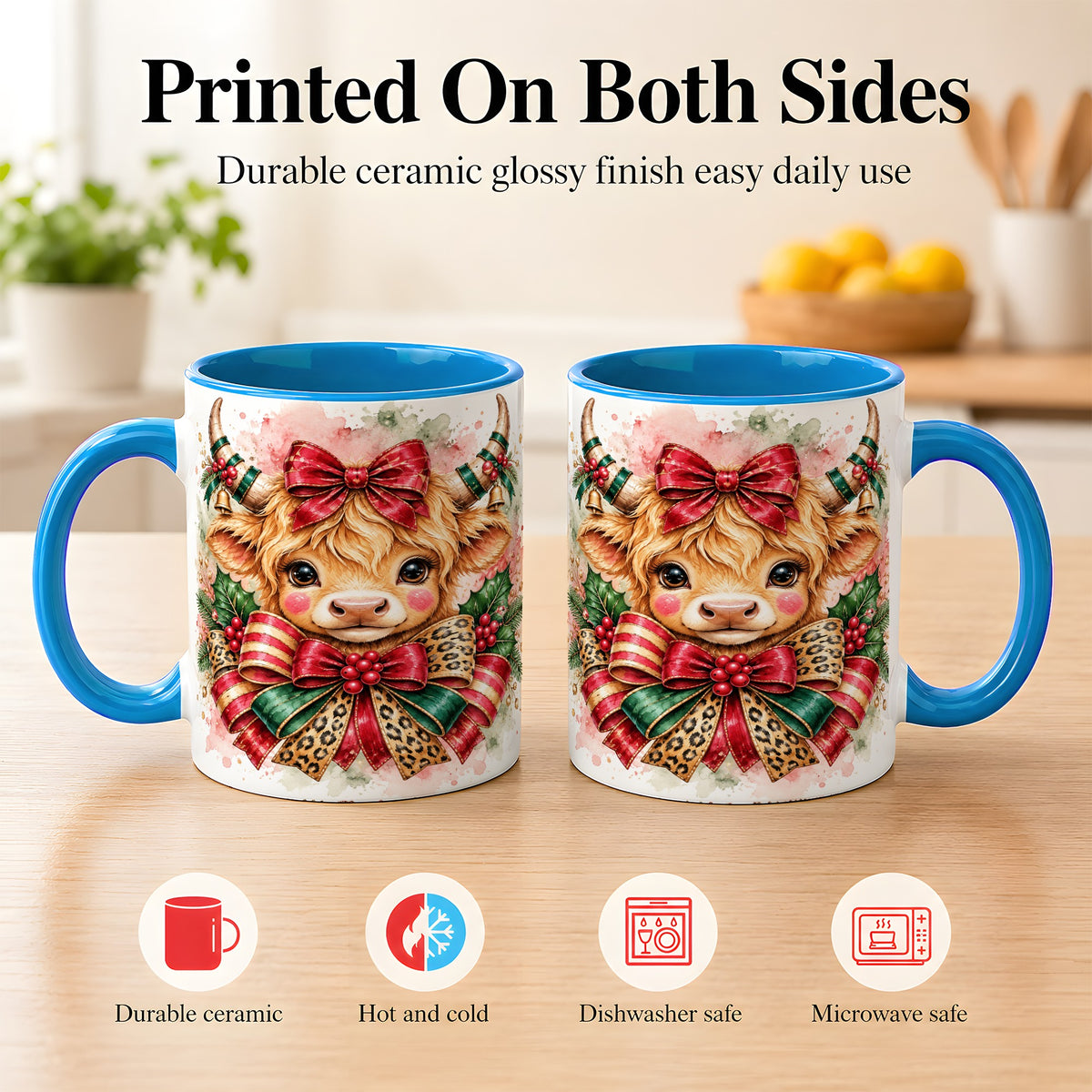 #pl[11oz|Blue] Christmas Highland Cow Coffee Mug, Festive Cow Mug, Ceramic Cup