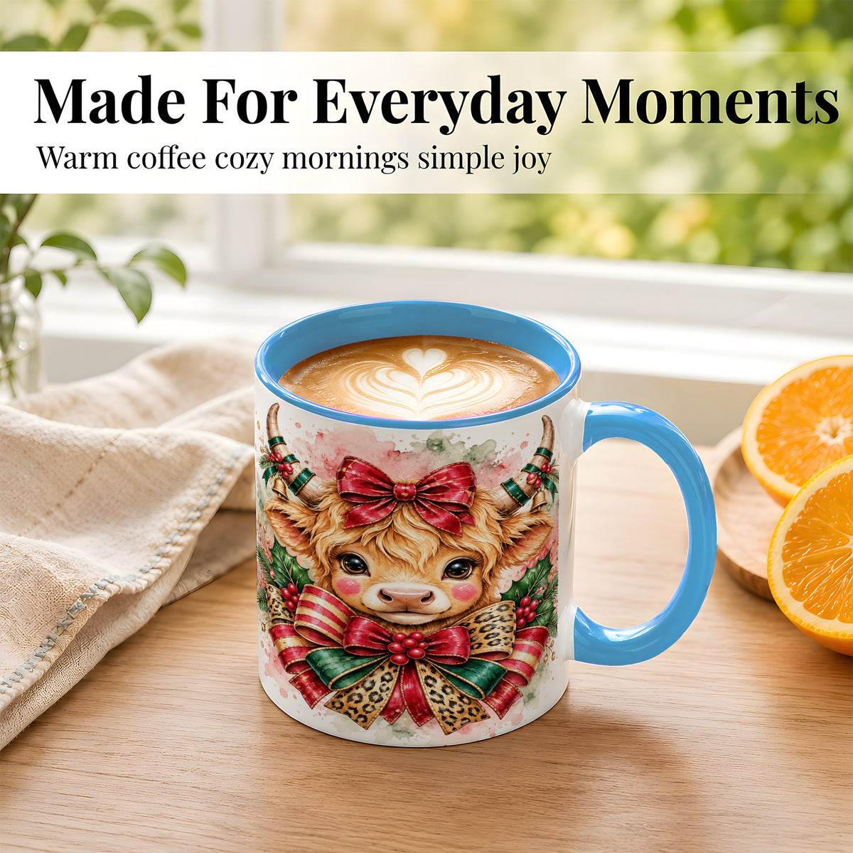 #pl[11oz|Blue] Christmas Highland Cow Coffee Mug, Festive Cow Mug, Ceramic Cup