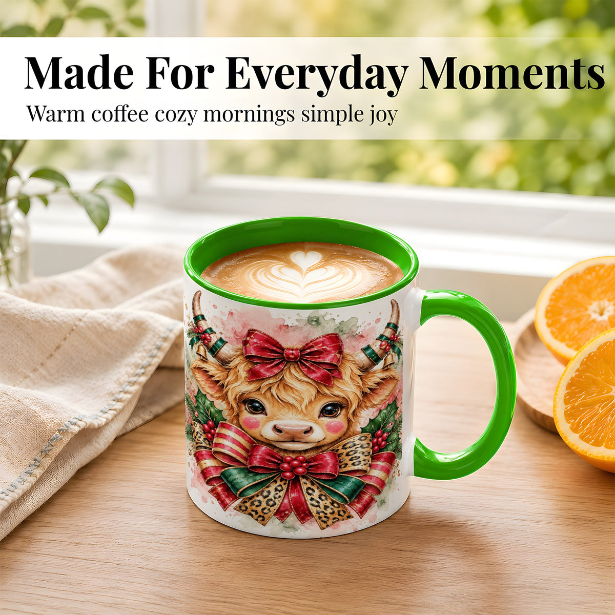 #pl[11oz|Green] Christmas Highland Cow Coffee Mug, Festive Cow Mug, Ceramic Cup