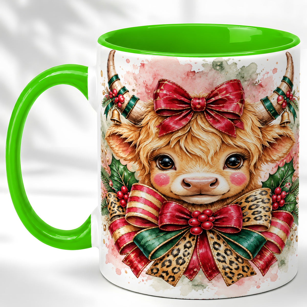 #pl[11oz|Green] Christmas Highland Cow Coffee Mug, Festive Cow Mug, Ceramic Cup