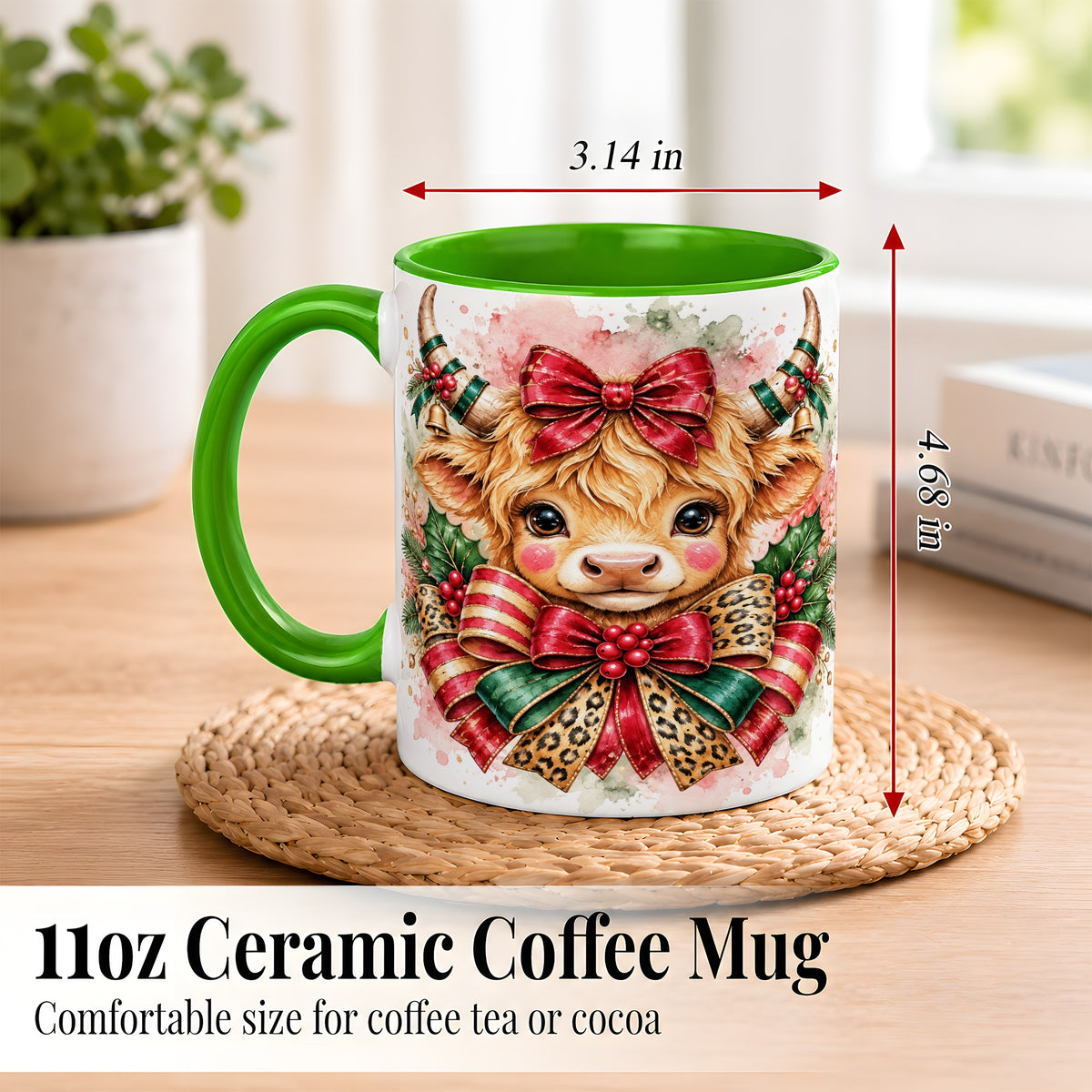 #pl[11oz|Green] Christmas Highland Cow Coffee Mug, Festive Cow Mug, Ceramic Cup