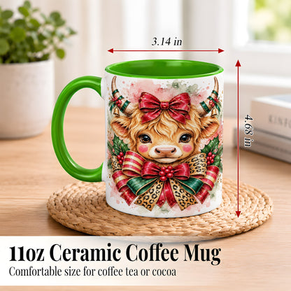 #pl[11oz|Green] Christmas Highland Cow Coffee Mug, Festive Cow Mug, Ceramic Cup