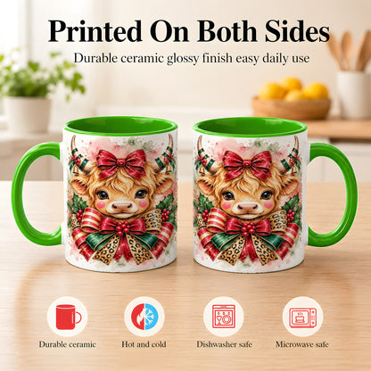 #pl[11oz|Green] Christmas Highland Cow Coffee Mug, Festive Cow Mug, Ceramic Cup