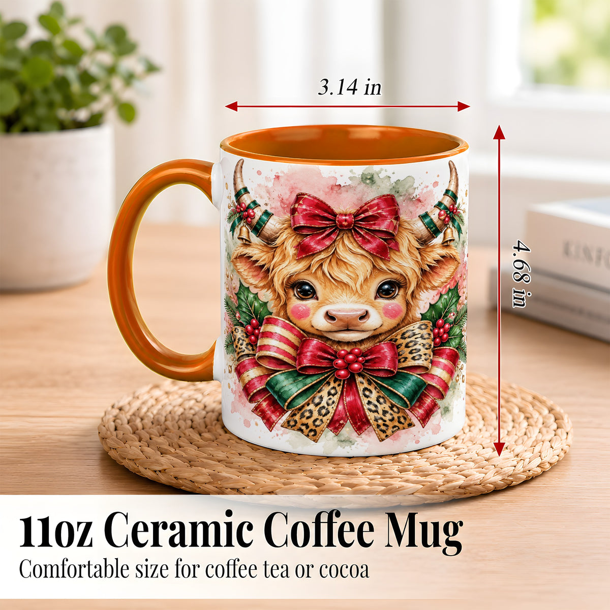 #pl[11oz|Orange] Christmas Highland Cow Coffee Mug, Festive Cow Mug, Ceramic Cup