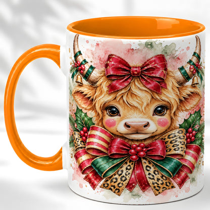 #pl[11oz|Orange] Christmas Highland Cow Coffee Mug, Festive Cow Mug, Ceramic Cup