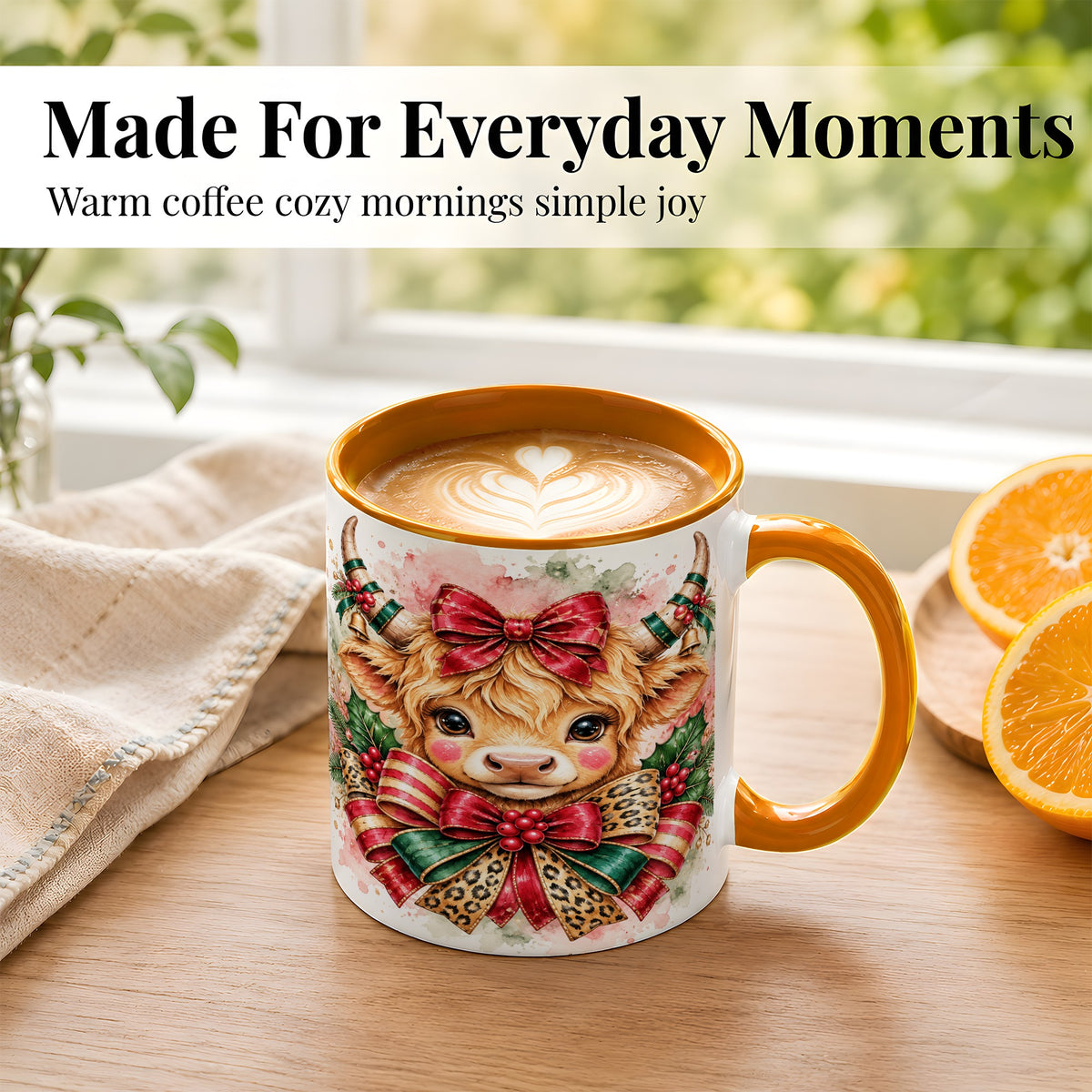 #pl[11oz|Orange] Christmas Highland Cow Coffee Mug, Festive Cow Mug, Ceramic Cup