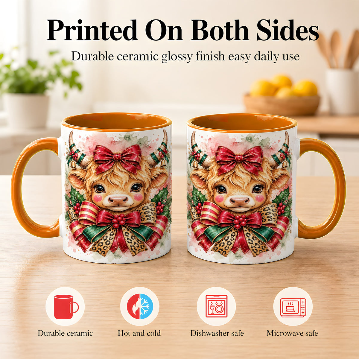 #pl[11oz|Orange] Christmas Highland Cow Coffee Mug, Festive Cow Mug, Ceramic Cup