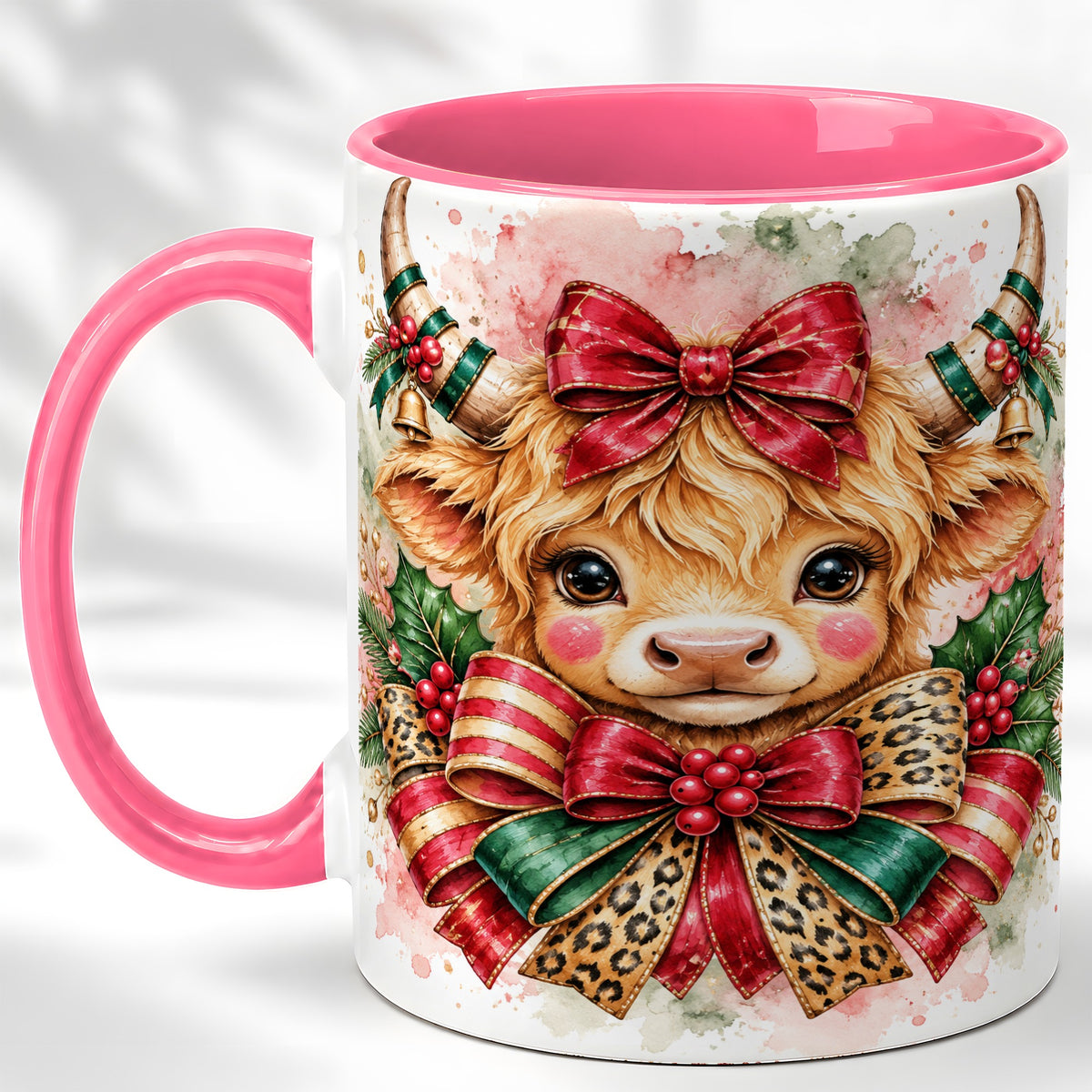#pl[11oz|Pink] Christmas Highland Cow Coffee Mug, Festive Cow Mug, Ceramic Cup