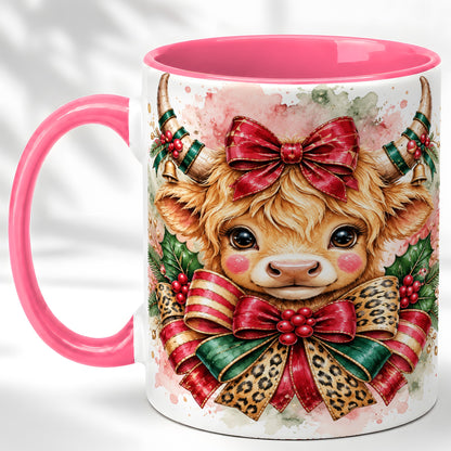 #pl[11oz|Pink] Christmas Highland Cow Coffee Mug, Festive Cow Mug, Ceramic Cup