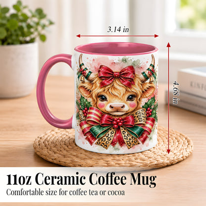 #pl[11oz|Pink] Christmas Highland Cow Coffee Mug, Festive Cow Mug, Ceramic Cup