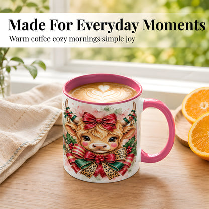 #pl[11oz|Pink] Christmas Highland Cow Coffee Mug, Festive Cow Mug, Ceramic Cup
