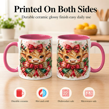 #pl[11oz|Pink] Christmas Highland Cow Coffee Mug, Festive Cow Mug, Ceramic Cup